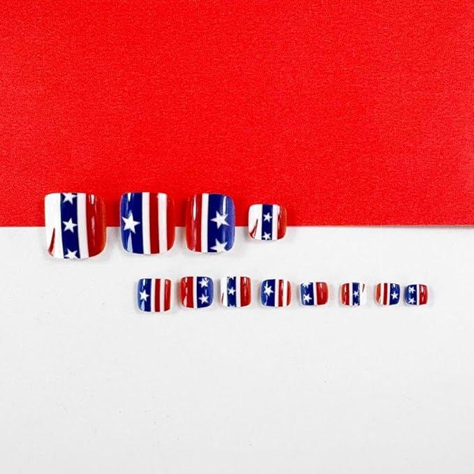 4th of July Press on Toenails Short Square Fake Toenails with Red Blue USA Flag Design White Star Glue on Toenails Glossy Summer Toenail Independence Day False Toenail for Women Girls Manicure 24Pcs
