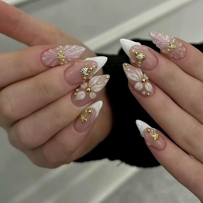 Medium Press on Nails Almond - French Tip Fake Nails with Shell Star Design - Flower False Nails Press ons - for Women 24 Pcs