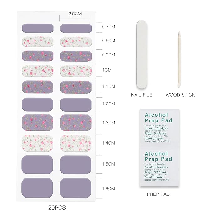 JMEOWIO Gel Nail Stickers White Purple Flower Semi Cured Gel Nail Strips Wraps UV/LED Nails Art Design Decoration Accessories