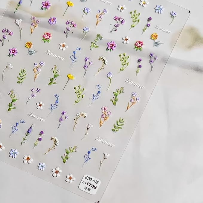 Dedyel Rural Wildflowers Nail Stickers 5D Embossed Wildflower Nail Stickers Spring Summer Red Yellow Blue White Flower Design Nail Art Decoration for Women Girls Kids