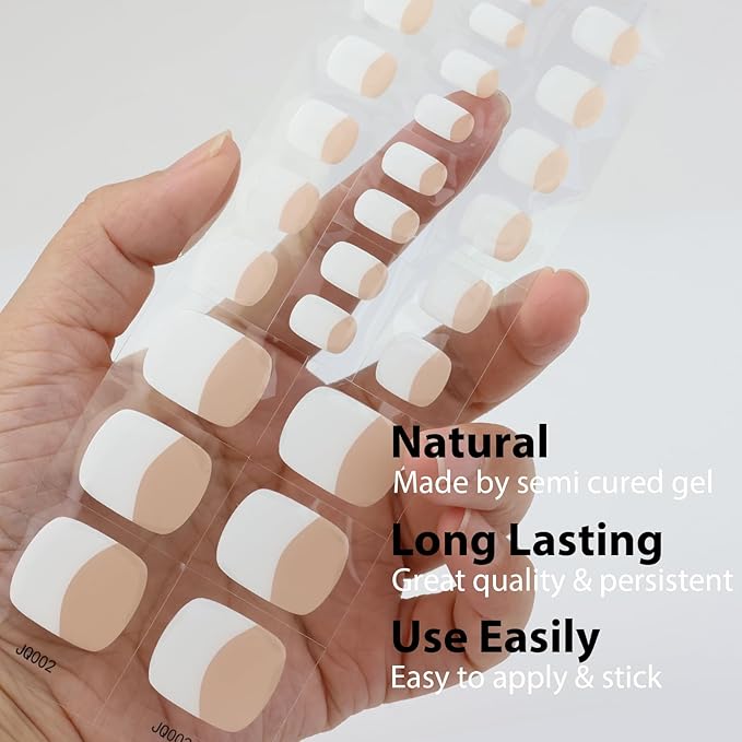 26 Pcs Semi Cured Gel Toe Nail Strips White French Tip Gel Nail Stickers Full Cover Nails Wraps Nude French Toe Nails Polish Strips Stickers for Women UV/LED Light Required