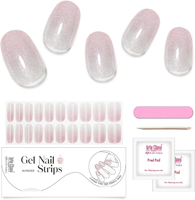 Arte Clavo Semi Cured Gel Nail Strips, 20 Pcs Gel Nail Stickers with UV Light Required, Salon Quality, Long Lasting, Easy Apply and Remove (Nude Glitter Cat Eye)