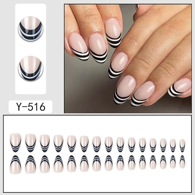 Black French Tip Press on Nails Short Almond Fake Nails Stripe Nails Press ons with Blacke White Lines Design Full Cover Stick on Nails for Women Manicure,Reusable | Glue Tabs | Easy Apply | 24Pcs
