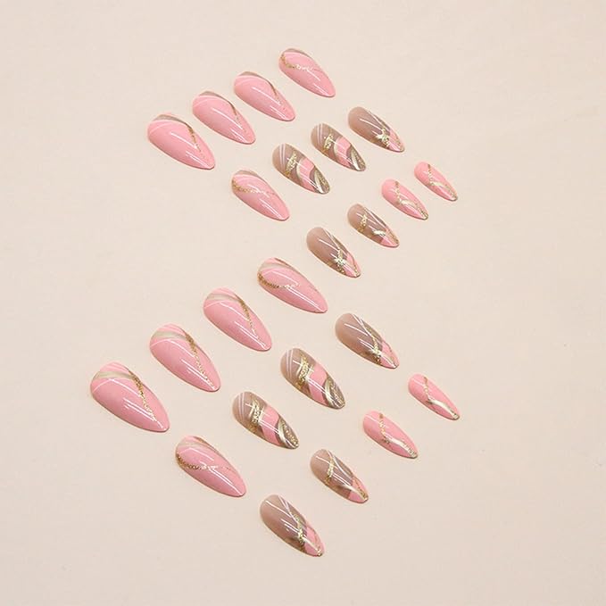 Pink Press on Nails Almond Medium Fake Nails with Design Gold Swirl False Nails Press ons Acrylic Glue on Nails Cute Glossy Full Cover Artificial Stick on Nail for Women Manicure 24Pcs