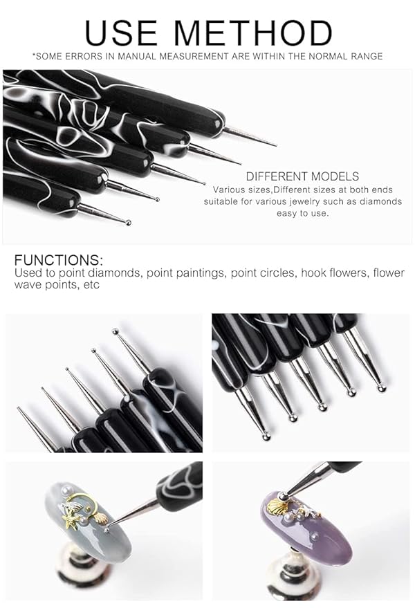 5Pcs Dotting Tools Nail Art Double-Ended Nail Dotting Tool Embossing Stylus Manicure Tools Nail Design, Painting, Sculpting & DIY Decorations Nail Art Tool (Black)