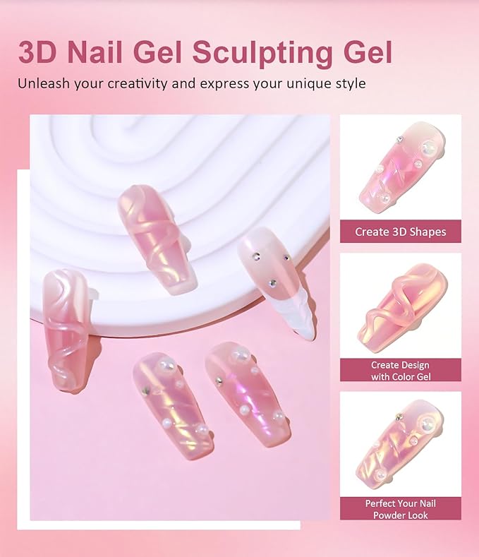 Rose Gold Chrome Nail Powder - 15g 3D Nail Gel with White Pink Nail Chrome Powder Non-Sticky Clear 3D Sculpting Gel Hand Hard Gel Carving Gel for Nail Art Home DIY