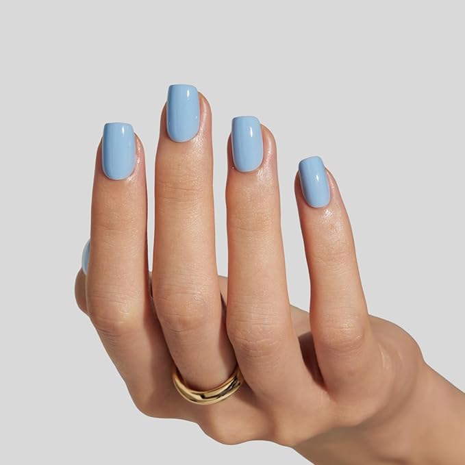 LAMIMOSA 32Pcs Muted Blue Press On Nails Short Square - Dusty Blue Nail Kit, Soft Gel Fake Nails in 16 Sizes, Reusable Glue on Nails, CELESTE