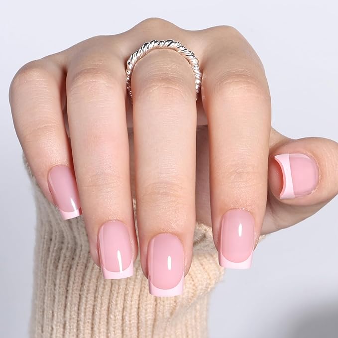 Pink French Tip Press On Nails - Pink Short Almond Fake Nails, French Tip Press On Nails Reusable Stick On Nails in 16 Sizes, 32pcs False Nail Kit for Women & Girls