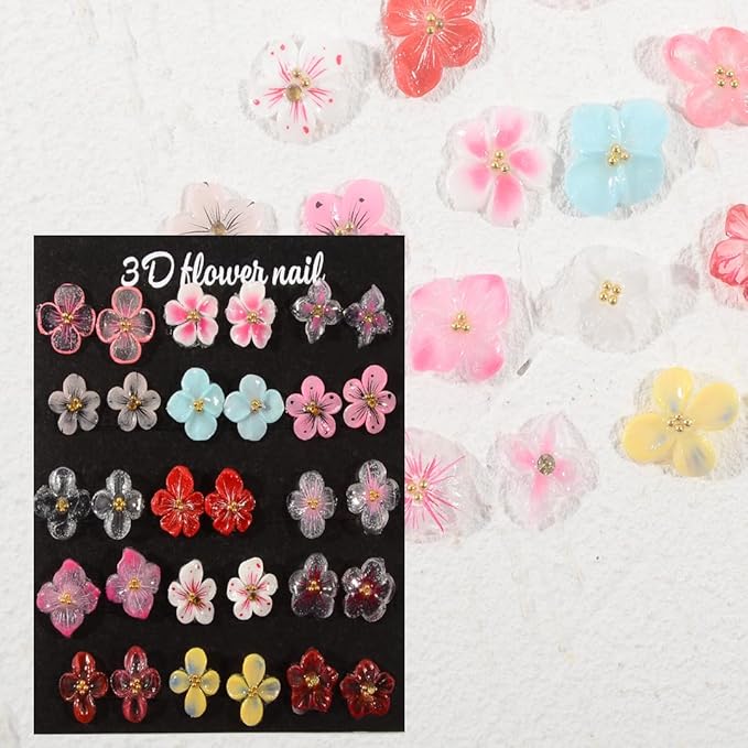 30PCS 3D Handmade Flower Nail Art Charms Advanced Handcrafted Cherry Blossom Flower Colorful Sculpted Floral Nails with Rhinestone Caviar Beads Design for Women Profession Nail Art Craft Jewelry