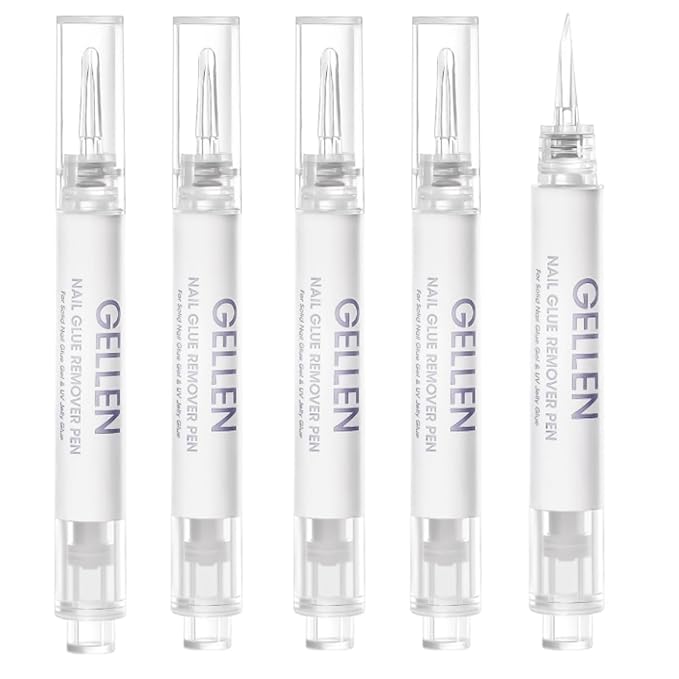 Gellen Nail Glue Remover 5 Pcs, Glue Remover Pen for Press on Nails, Non Acetone Press on Removal, 10s Quick Remove for Nail Tips Fake Nails Solid Glue Gel