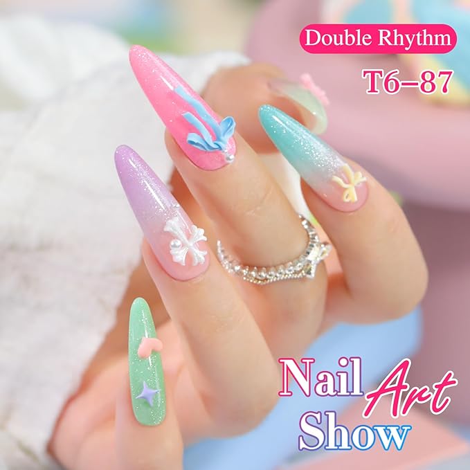 Double Rhythm 6 Pcs 15 ML Glitter Gel Polish Set Same Color Same Bottle Soak Off Gel Polish Kit Nail Art Manicure Salon DIY at Home (Shimmer Pink Green Blue Purple Orange Yellow-T6-87)