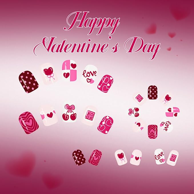 24Pcs Valentines Press on Nails Short Square Fake Nails Pink Heart Acrylic Nails with Love Letter Cherry Romantic Stick on Nail Love Heart False Nails Valentines Glue on Nails Decoration for Women DIY