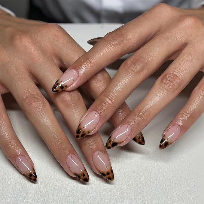 French Tip Press on Nails Medium Almond MABKJLF Fake Nails Fall False Nails with Leopard Print Ball Designs Amber Full Cover Glossy Glue on Nail Autumn Daily Wear Acrylic Nails for Women Girls 24Pcs