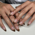 French Tip Press on Nails Medium Almond MABKJLF Fake Nails Fall False Nails with Leopard Print Ball Designs Amber Full Cover Glossy Glue on Nail Autumn Daily Wear Acrylic Nails for Women Girls 24Pcs