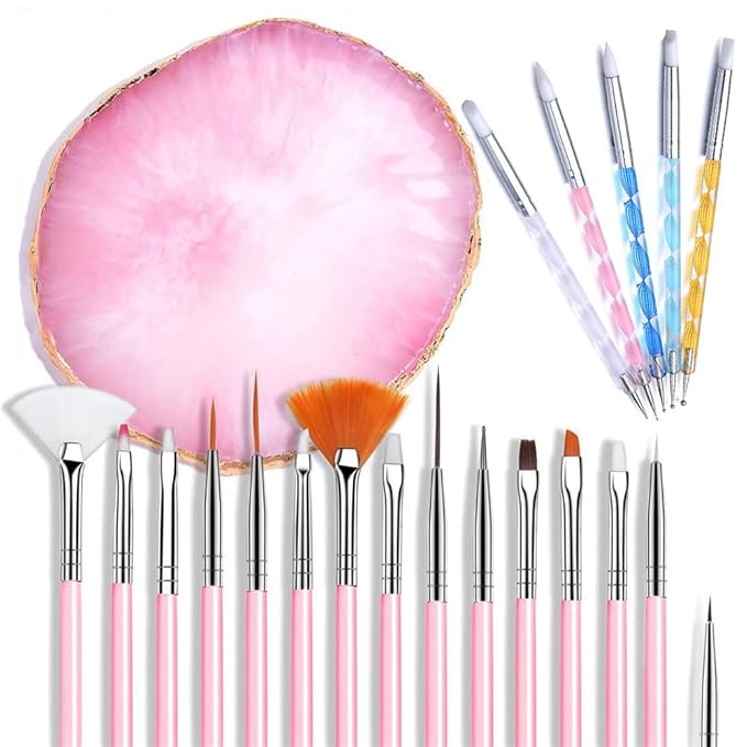 21 Pcs Nail Art Brushes & Tools Set, Pink: Resin Palette, Mixed Color, 2 Way Acrylic, Silicone Carving Pen, Dotting Pen, Manicure Kit, DIY Makeup Display Board