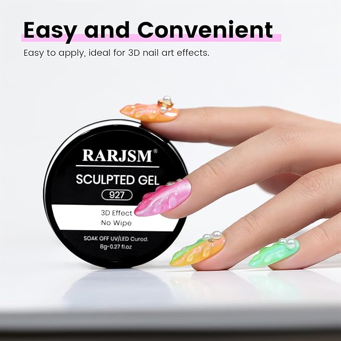 RARJSM 3D Sculpting Gel Clear Painting Gel Polish Nail Art Designs No Wipe Chrome Nail Powder Nails Charms Rhinestone Decoration Adhesive Glue Drawing Painted Sculpture Hard Gelpolish Curing Requires