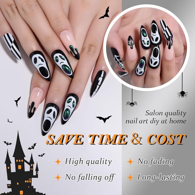 3D Halloween Press on Nails Medium Almond with Horror Design, Medium Almond Artificial Fake Nails with Skull Face 3D Designs, Stick on Soft Gel Full Cover Glossy Stick on Ghost Nail for Women Girls