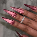 MISUD Press on Nails - Long Stiletto Fake Nails, Acrylic Summer Hot Pink Cat Eye Design 24 pcs