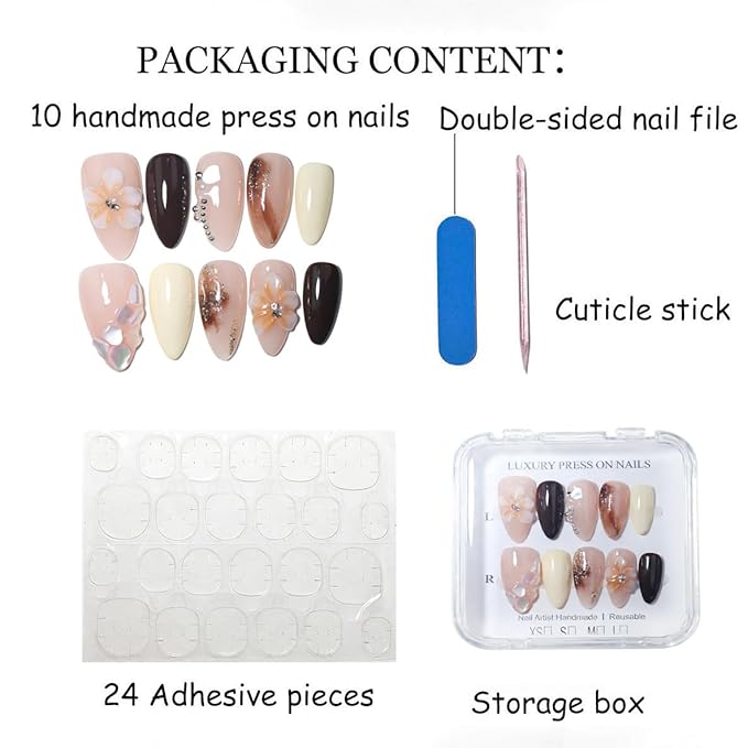 10 Medium Almond Handmade Press On Nails | Light Nude Pink Fake Nails with 3D Floral, Amber Ombre & Rhinestone Accents | Reusable Salon Quality Nails(5U04, S)