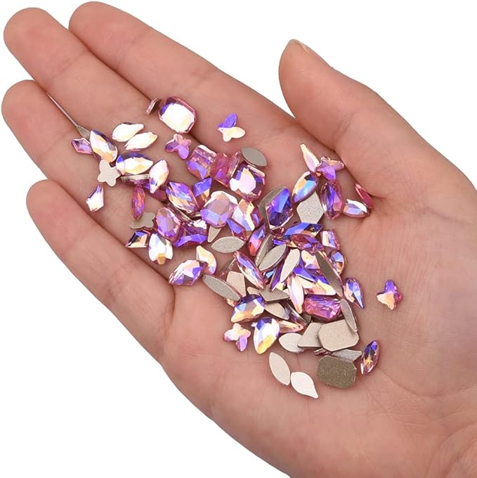 820pcs Crystal Pink AB Mix Shapes and Sizes Nail Art Rhinestones DIY Non Hotfix Flatback Glass Round Nail Stones Gems Set for Makeup Nail Crafts Tumblers Bulk Supply