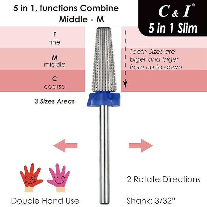 C & I 5 in 1 Nail Drill Bit, Slim Edition, Professional Manicure Drills for Electric Nail Drill Machine (Middle -M)