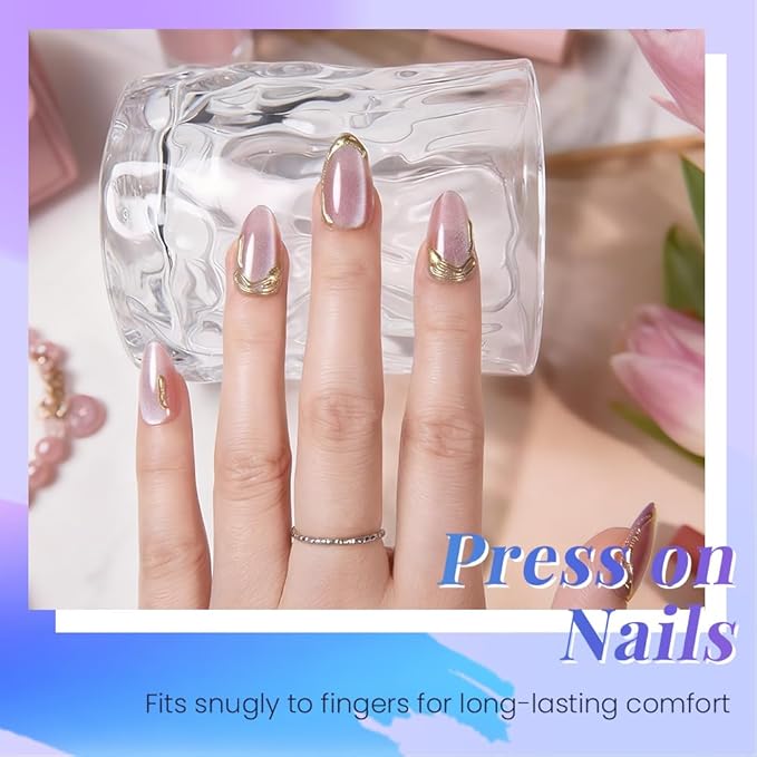 evpct Pink Cat Eye Press on Nails Short Almond with Gold Liner Design, Gold French Tip Stick on Nail for Women Gift with Kit, Reusable Full Cover Soft Gel Press on Fake Nail with Cat Eye Design