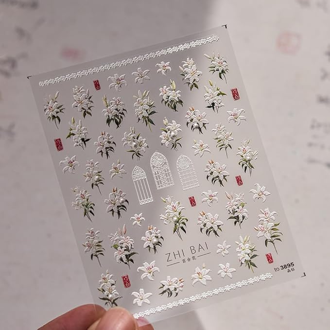 5D Embossed Spring Floral Nail Art Stickers, Lily Design with Elegant Effect for Valentine's Day