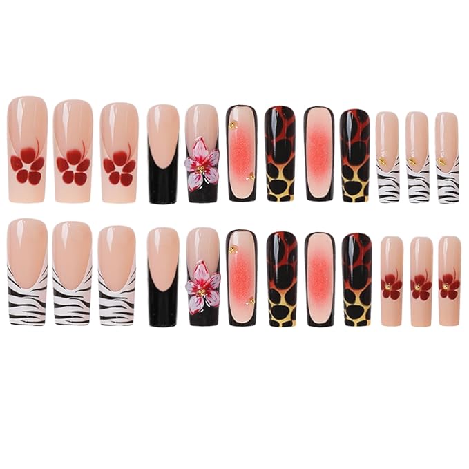 FORBELOVED NAILS,French Tip-Line Zebra Press On Nails,Long Square Glue On Nails,Shiny 3D Flower With Gradient Blush Design False Nails For Women And Girls,12 Sizes-24Pcs with Glue,(Black),FOB