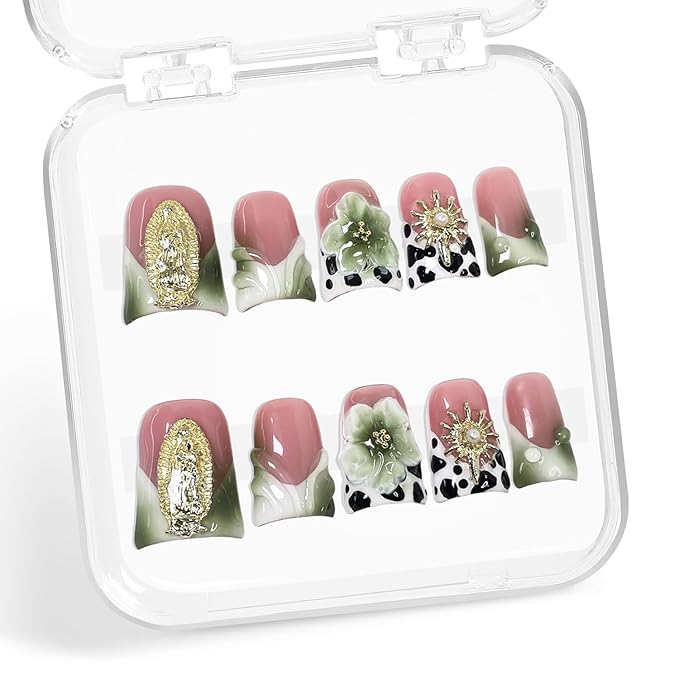 Flower Press on Nails Short Duck Handmade 3D Pearl & Golden Rhinestone Fake Nails Green White Gradient French Tip False Nail with Designs Floral Thicked Acrylic Nails for Women (Size S)