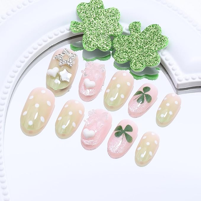 24Pcs St. Patrick's Day Press on Nails Short Oval Spring Fake Nails with 3D Bow Acrylic Nails Irish Shamrock Glue on Nails Green French Tip False Nails Polka Dots Stick on Nails for Holiday Manicure