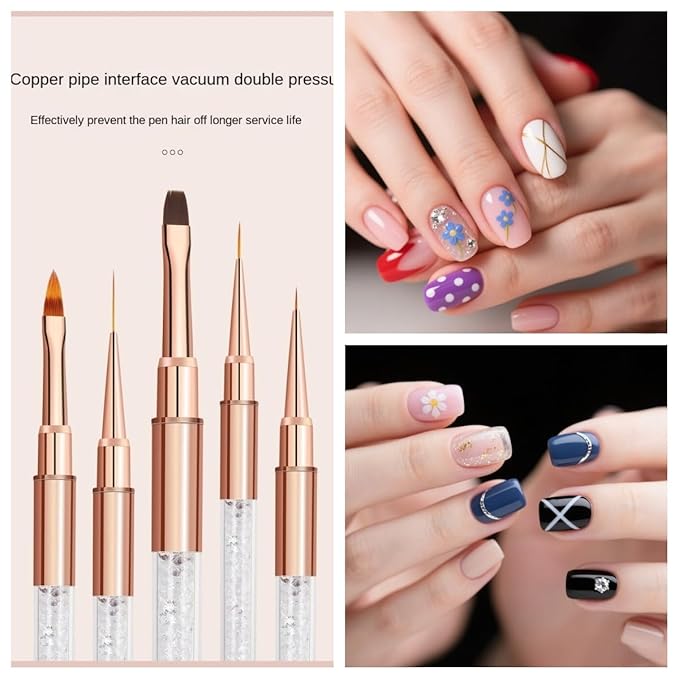 5Pcs Nail Art Brush Set with Rose Gold Rhinestone Handles - Professional Gel Polish, Liner & Drawing Brushes for Salon, DIY Manicure, Acrylic & UV Gel Nail Design liner brushes for nails(5 sticks)