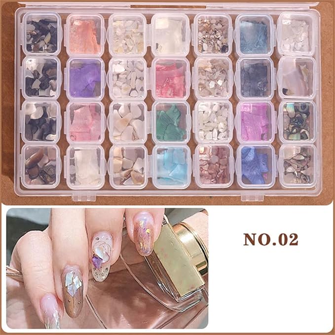 28 Grids/Box Mix Color Abalone Shell Sequins Iridescent Mermaid Flakes Sticker for Nails 3D Gradient Broken Seashell Stones Slices Nail Art Decorations Nail Glitter Flakes
