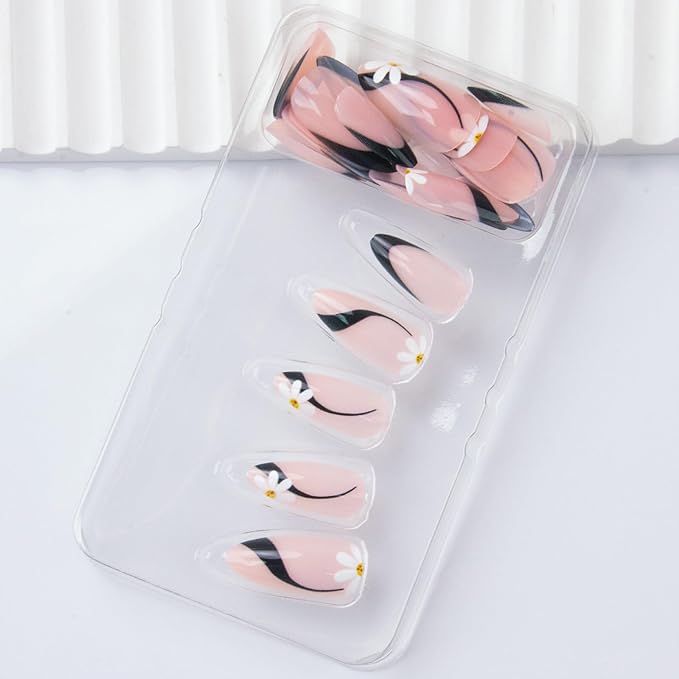 Black French Tip Press on Nails Medium Almond Fake Nails Full Cover False Nails White Daisy Flower Glue on Nails Glossy Acrylic Nail Black Line Stick on Nail for Women Girls 24Pcs