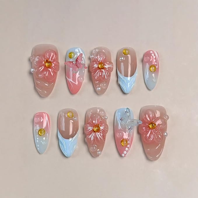 Blue French Press on Nails Handmade Medium Almond Nails with Glue,Nude Fake Nails with 5D Flower Art ＆ Butterfly Charm Design Muti-Layer Gel Handmade Nail Nature False Nails for Wome (Size M)
