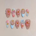 Blue French Press on Nails Handmade Medium Almond Nails with Glue,Nude Fake Nails with 5D Flower Art ＆ Butterfly Charm Design Muti-Layer Gel Handmade Nail Nature False Nails for Wome (Size M)