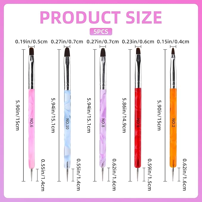 5Pcs Nail Art Brushes,Gel French Acrylic Nail Art Tool Set with Dotting Tool Extension,Gel Brushes Professional Manicure Tool for Nails Detailed Designs DIY(NO.2 NO.4 NO.6 NO.8 NO.10)