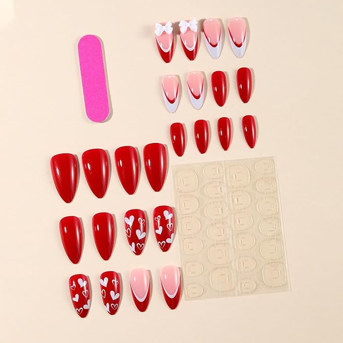 Press on Nails Red - Medium Almond Fake Nails with Heart Bow Design - French Tip False Nails Press ons - for Women 24 Pcs