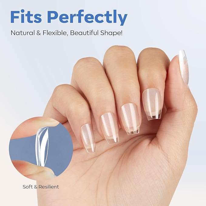 modelones Extra Short Coffin Nail Tips, Pre-shaped Soft Gel Tips Fake Nails False Acrylic Clear Full Cover Press on Extension Kit Gel Manicure DIY at Home 216PCS 12Sizes