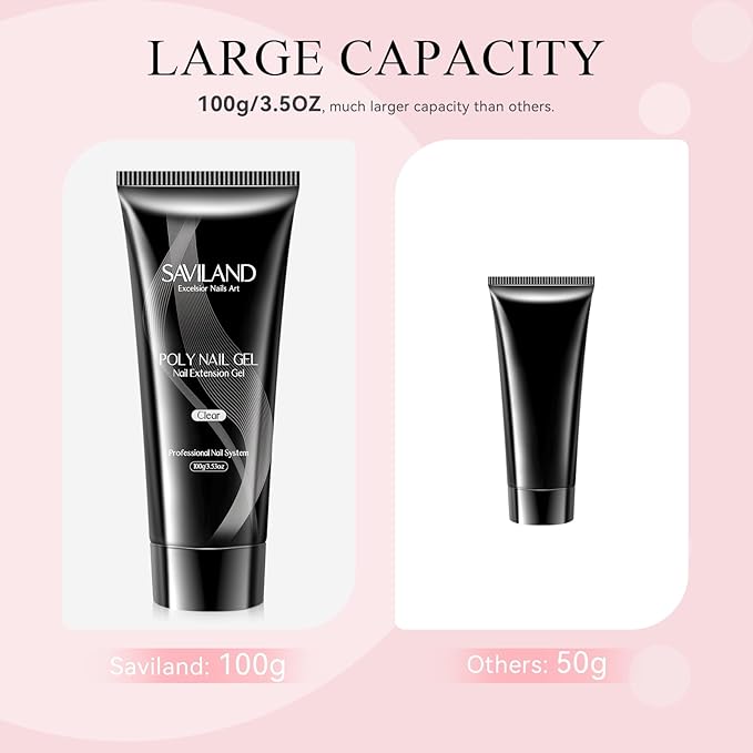 SAVILAND Hema-Free Large Clear Poly Gel: 100g Natural Nail Extension Poly Hard Gels For Starter Salon-Like Strengthener Long Lasting Poly Nail Gel for Beginner & Professional DIY at-Home