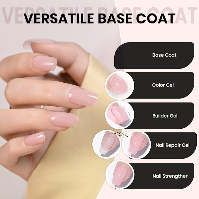 RARJSM Nude Sheer Milky Pale Pink Fiber Glass Rubber Base Gel Nail Polish for Repair Broken Nails StrengthenerGel Base Coat Transparent Brush on Building Gel in a Bottle Soak Off Curing Requires 15ml
