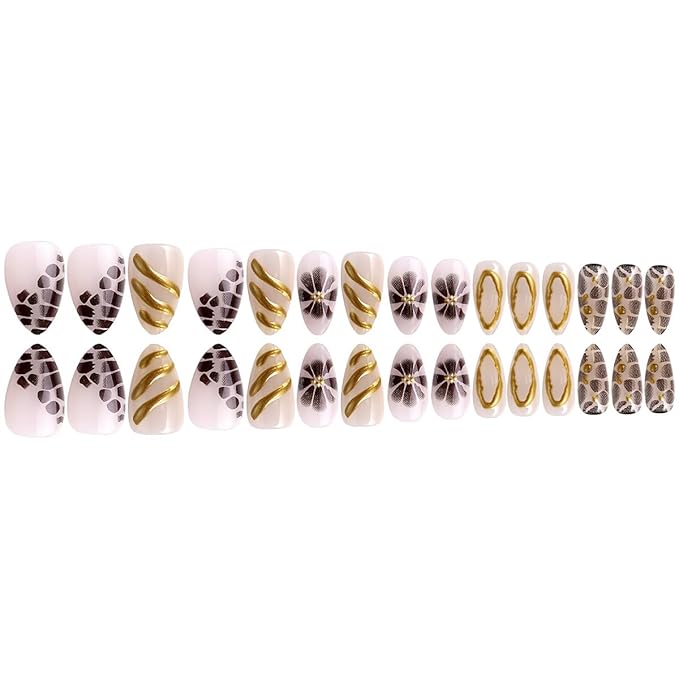 24Pcs Brown Flower Press on Nails Leopard Fake Nails Medium Almond False Nails with Gold Design Brown Flower Acrylic Nails Irregular Stick on Nail Artificial Full Cover False Nail for Women