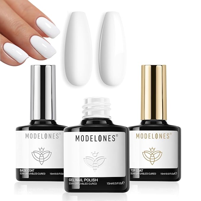 modelones Gel Top Coat Base Coat and White Gel Nail Polish 3 Pcs No Wipe Spring Gel Polish Set, Soak Off Nail Lamp Acid Free No Wipe Clear Base Top Gel Nail Polish Art Manicure Gifts for Women
