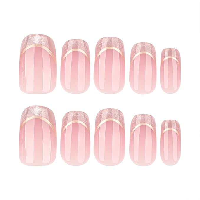 Short Almond Press On Nails Nude Glitter French Tips with Gold Outline, Glossy Acrylic Fake Nails, Reusable Stick On Nails Kit with Glue for Women, Elegant Shimmery Manicure Set