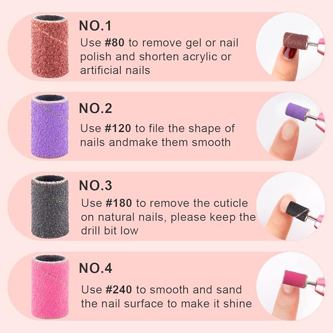 Rolybag Sanding Bands for Nail Drill Nail Sanding Bands Professional Sanding bit Nails 240 Pieces 4 Color Coarse Fine Grit Efile Sand Set 80#120#180#240# 2 Pieces Nail Drill Bits