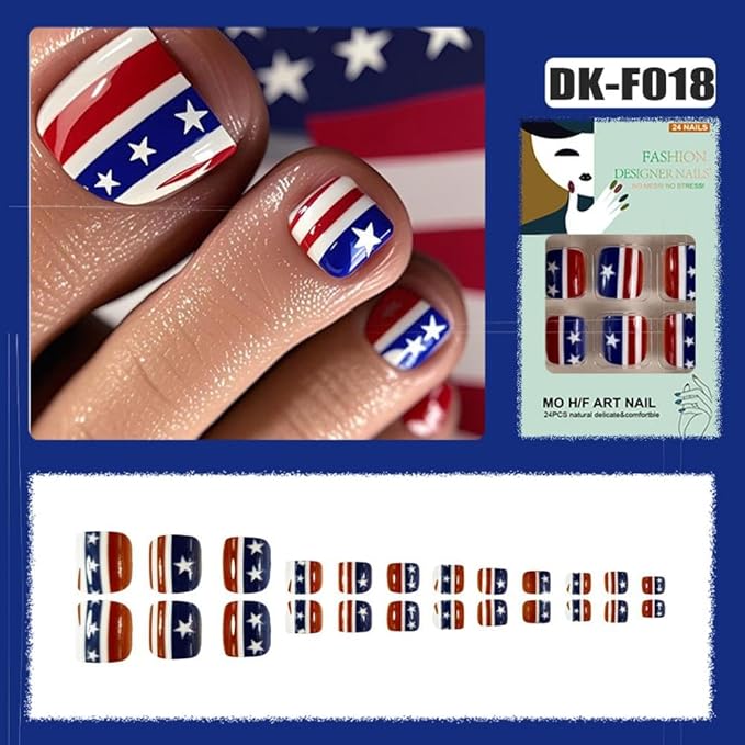 4th of July Press on Toenails Short Square Fake Toenails with Red Blue USA Flag Design White Star Glue on Toenails Glossy Summer Toenail Independence Day False Toenail for Women Girls Manicure 24Pcs