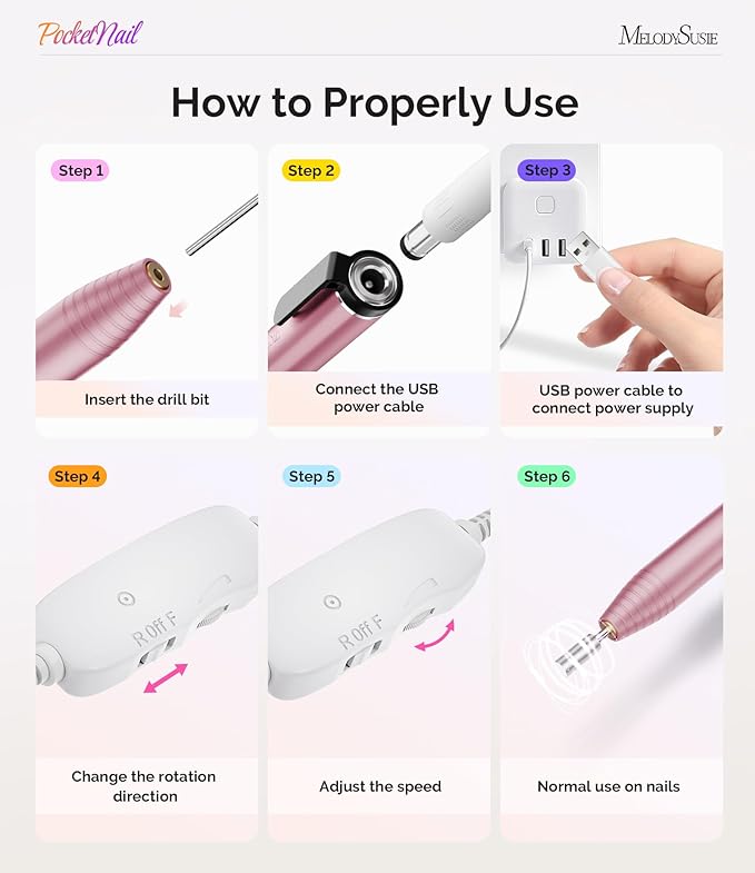 MelodySusie PocketNail Slim Ergonomic Pen-Shaped USB Nail Drill, PC100G 20000RPM Portable Electric File for All Manicure, Pedicure Nail Care, Shaping & Gel Removal at Home for Beginners