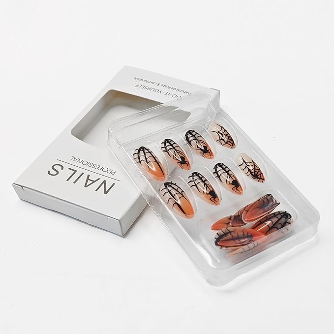 Halloween Press on Nails,Medium Almond Fake Nail with Spider & Spider Web Designs,Orange Nail Tip Acrylic Nails,Full Cover Glossy False Nails | Stick on Nails for Women Halloween Nail Art-24Pcs