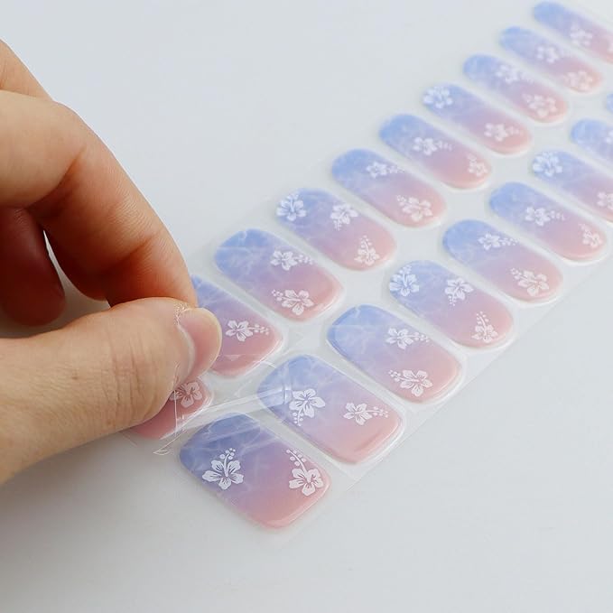 JMEOWIO Gel Nail Stickers Light Purple Pink Flower Semi Cured Gel Nail Strips Wraps UV/LED Nail Supplies Nail Art Design Decoration Accessories