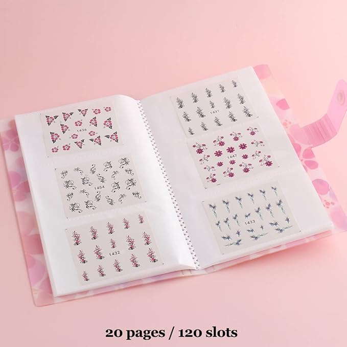 120 Slots Nail Stickers Storage Book Empty Nail Stickers Album Holder Photo Collection Book Water Decals Display Showing Shelf Binder Stencils Collecting Card Case Manicure Tools (Pink Flowers)