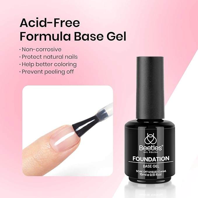 beetles Gel Polish 3 Pcs 15ml No Wipe Gel Top and Base Coat Bubble Bath Gel Polish Soak Off Uv Lamp-Long Lasting Glossy Top Base Gel Milky Pink Gel Nail Polish Jelly Gel Polish Set for Women